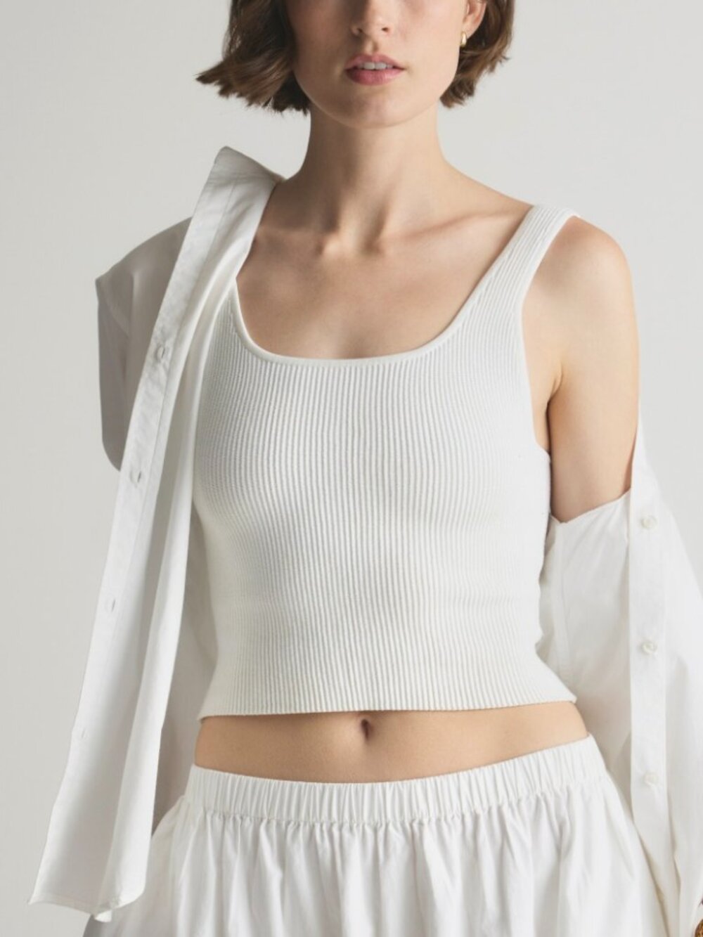 Quince Cropped Square Neck Ribbed Knit Tank White Size Large